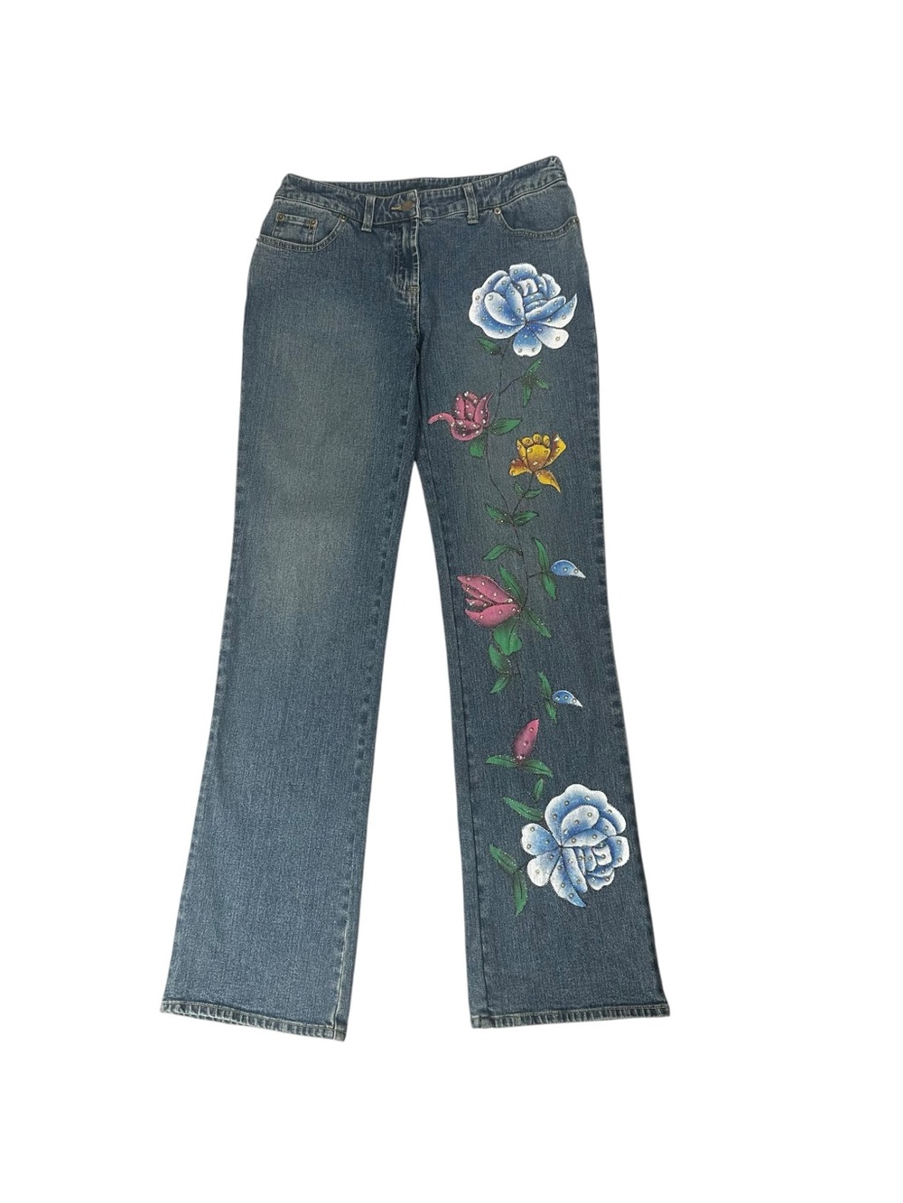Vintage Y2K Willi Smith Floral Rhinestone Wide Leg Denim Jeans Size 4